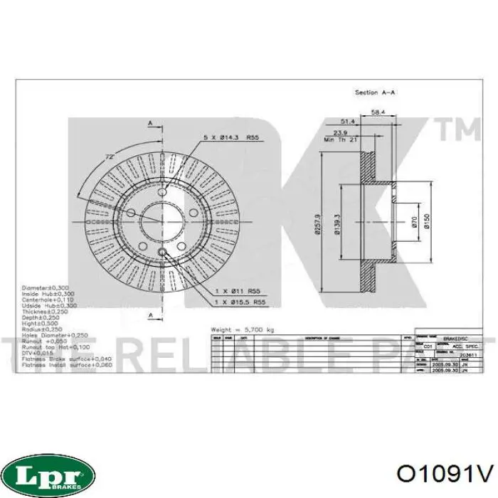 Передние тормозные диски O1091V LPR