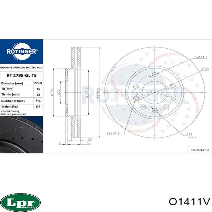 Передний тормозной диск LPR O1411V