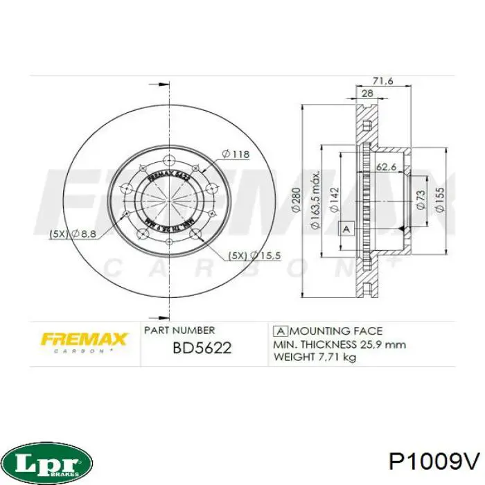 Тормоз дисковый передний LPR P1009V цена, от 39.06 USD