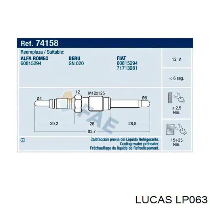 Bujía de calentamiento del líquido de enfriamiento LP063 Lucas