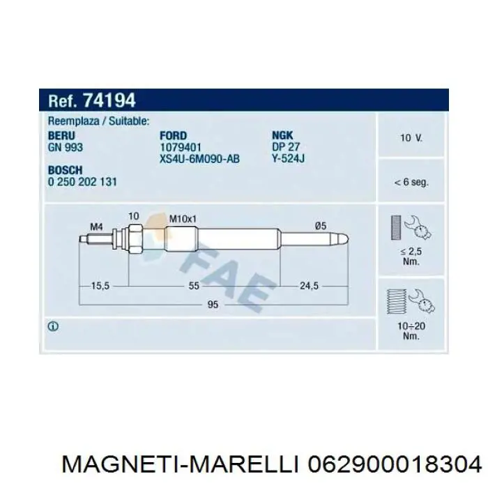 Свечи накала Magneti Marelli 062900018304 цена, от 6.84 USD
