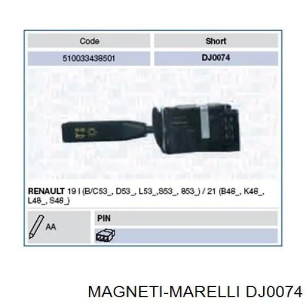 Conmutador en la columna de dirección izquierdo DJ0074 Magneti Marelli