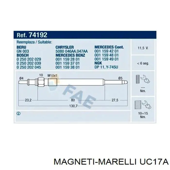 Bujía de incandescencia UC17A Magneti Marelli