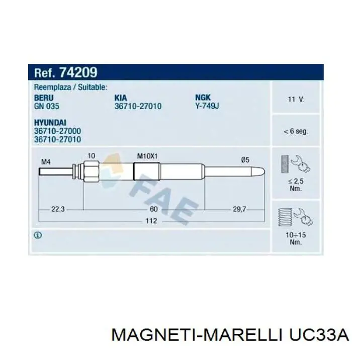 Свечи накала Magneti Marelli UC33A цена, от 8.46 USD
