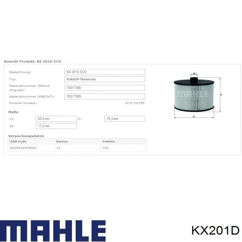 KX201D Mahle Original топливный фильтр