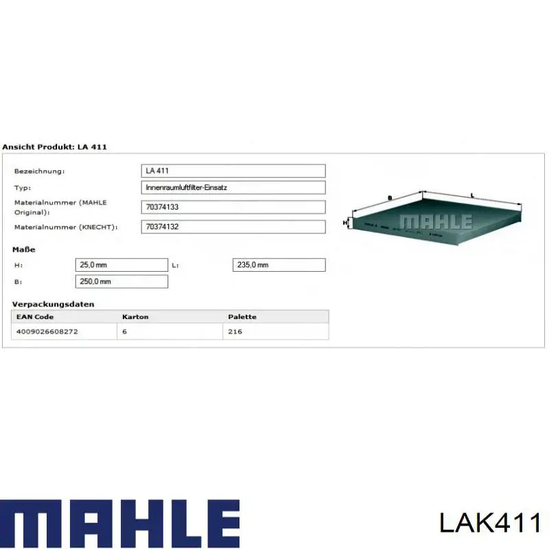 Фильтр салона LAK411 Mahle Original