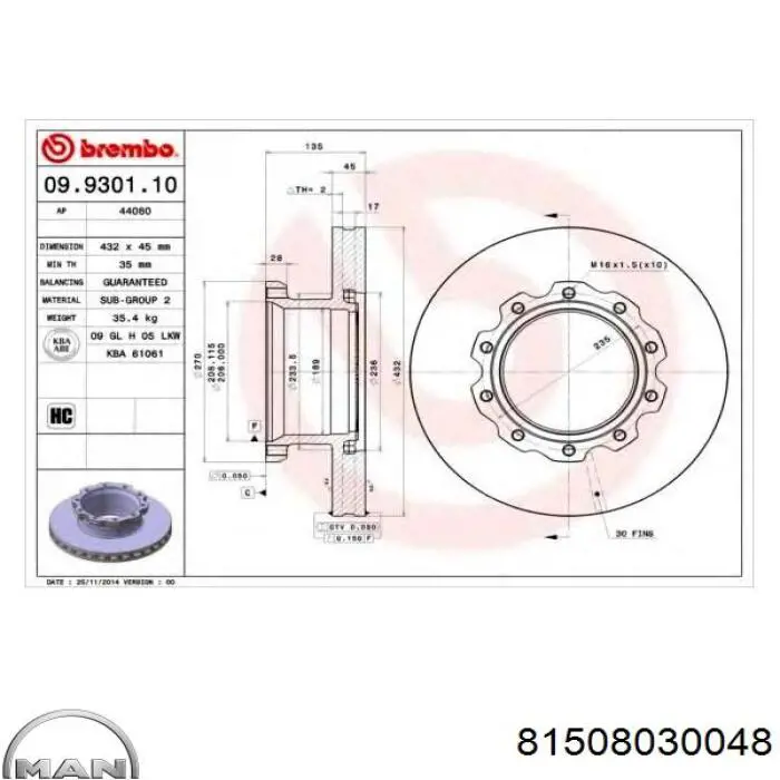 Тормоз дисковый передний MAN 81508030048 цена, от 140.16 USD