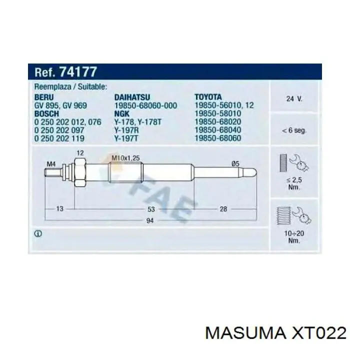 Свечи накаливания XT022 MASUMA