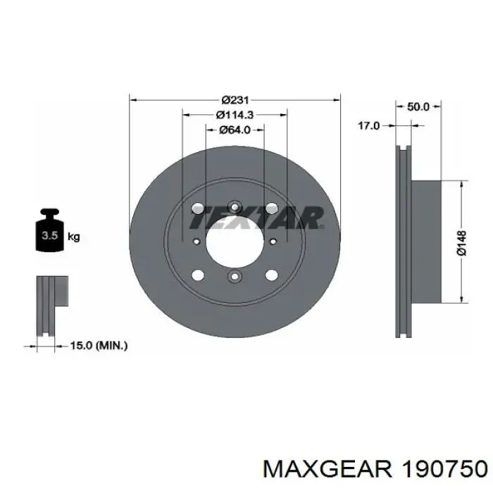 Тормоз дисковый передний Maxgear 190750 цена, от 25.14 USD
