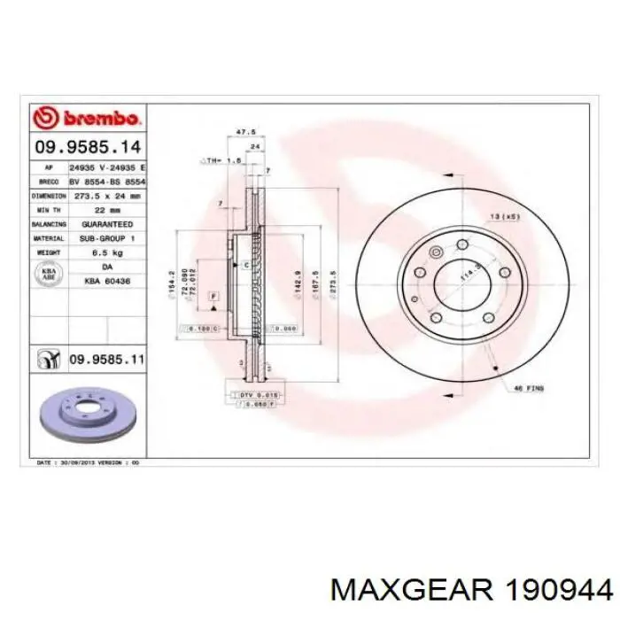 190944 Maxgear Диск тормозной передний