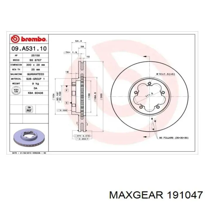 Передний тормозной диск Maxgear 191047