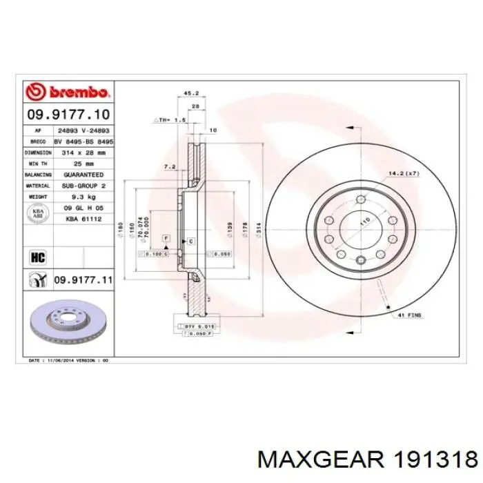 Передние тормозные диски 191318 Maxgear