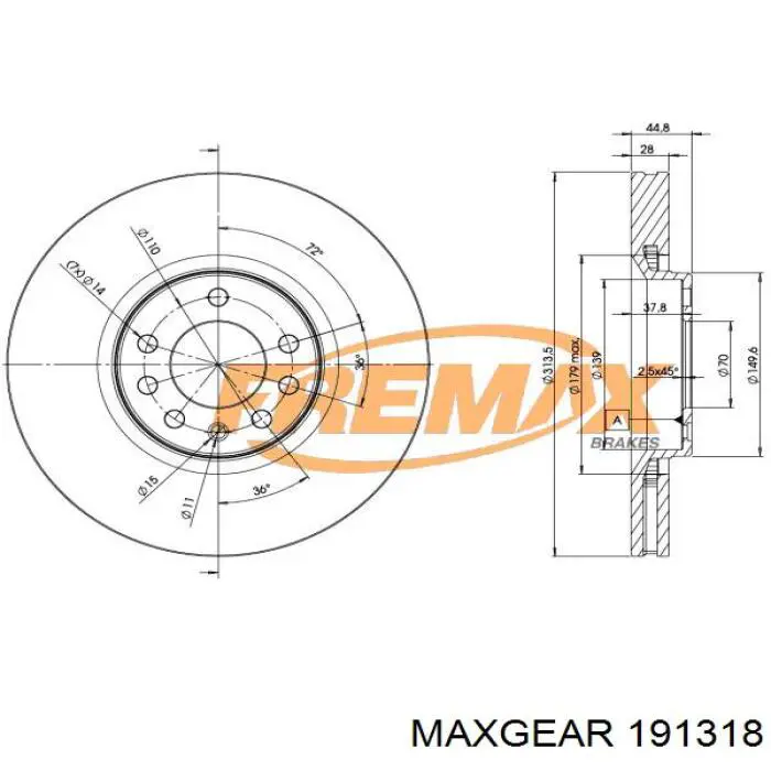 Передний тормозной диск Maxgear 191318
