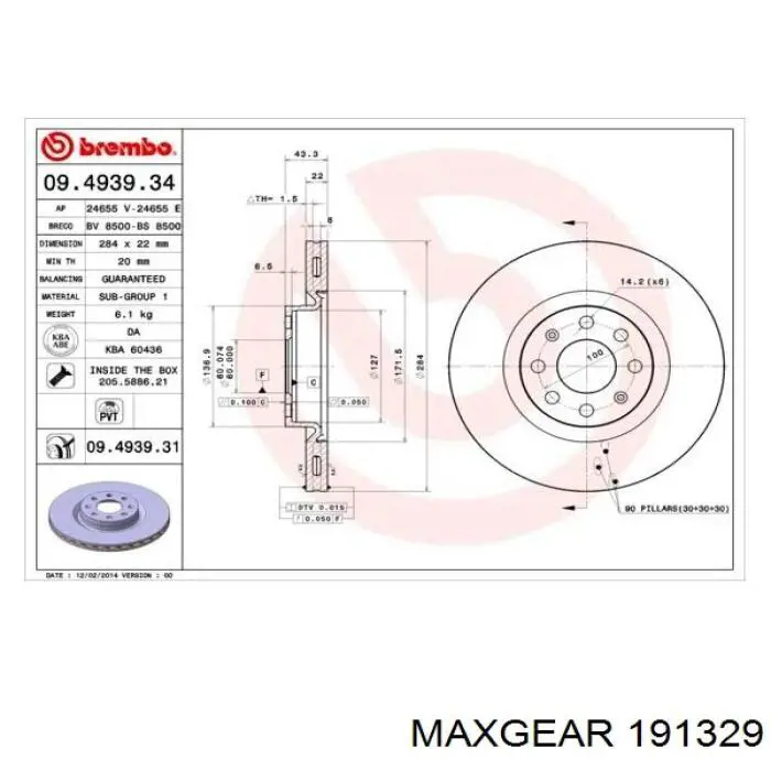 Передний тормозной диск Maxgear 191329