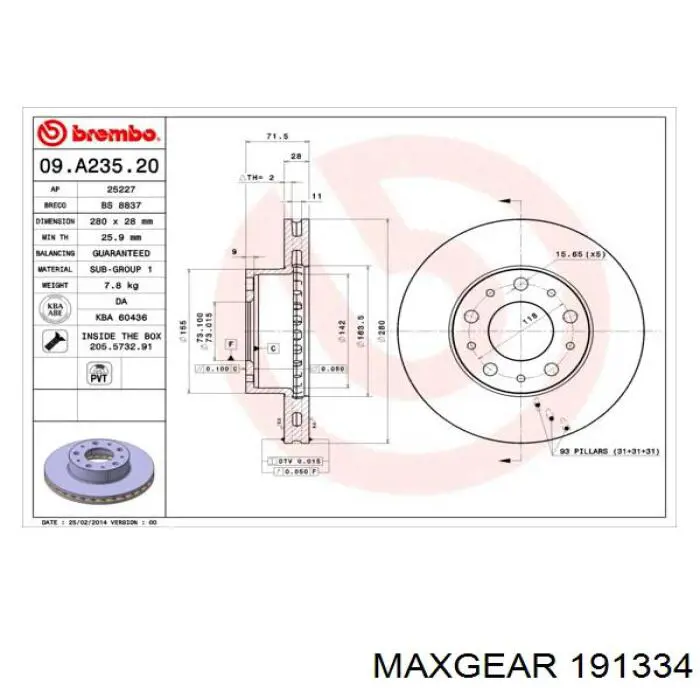 Передние тормозные диски 191334 Maxgear