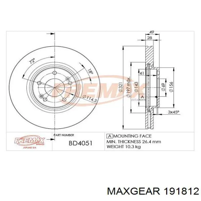 Передний тормозной диск Maxgear 191812