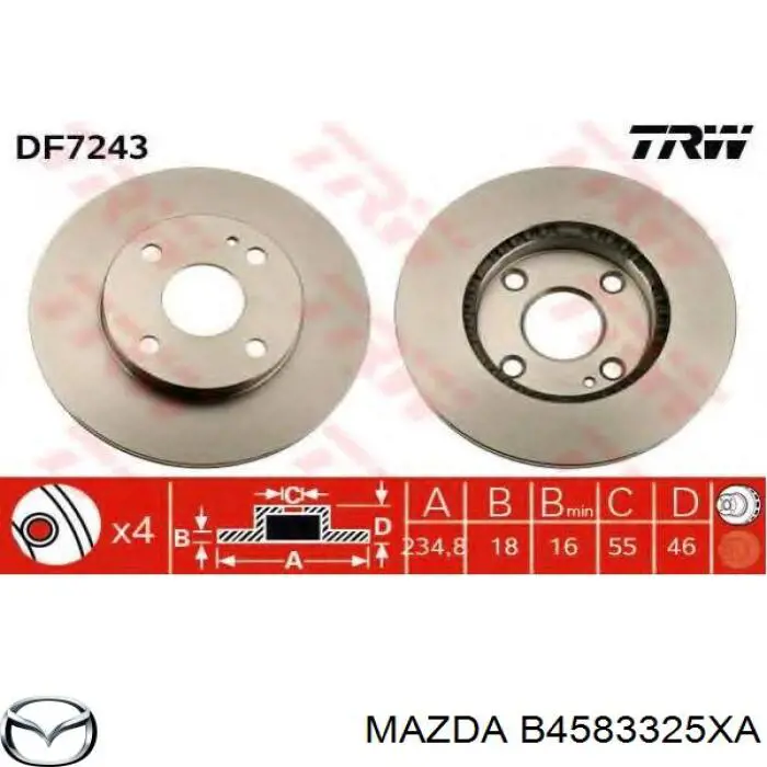 Передние тормозные диски B4583325XA Mazda