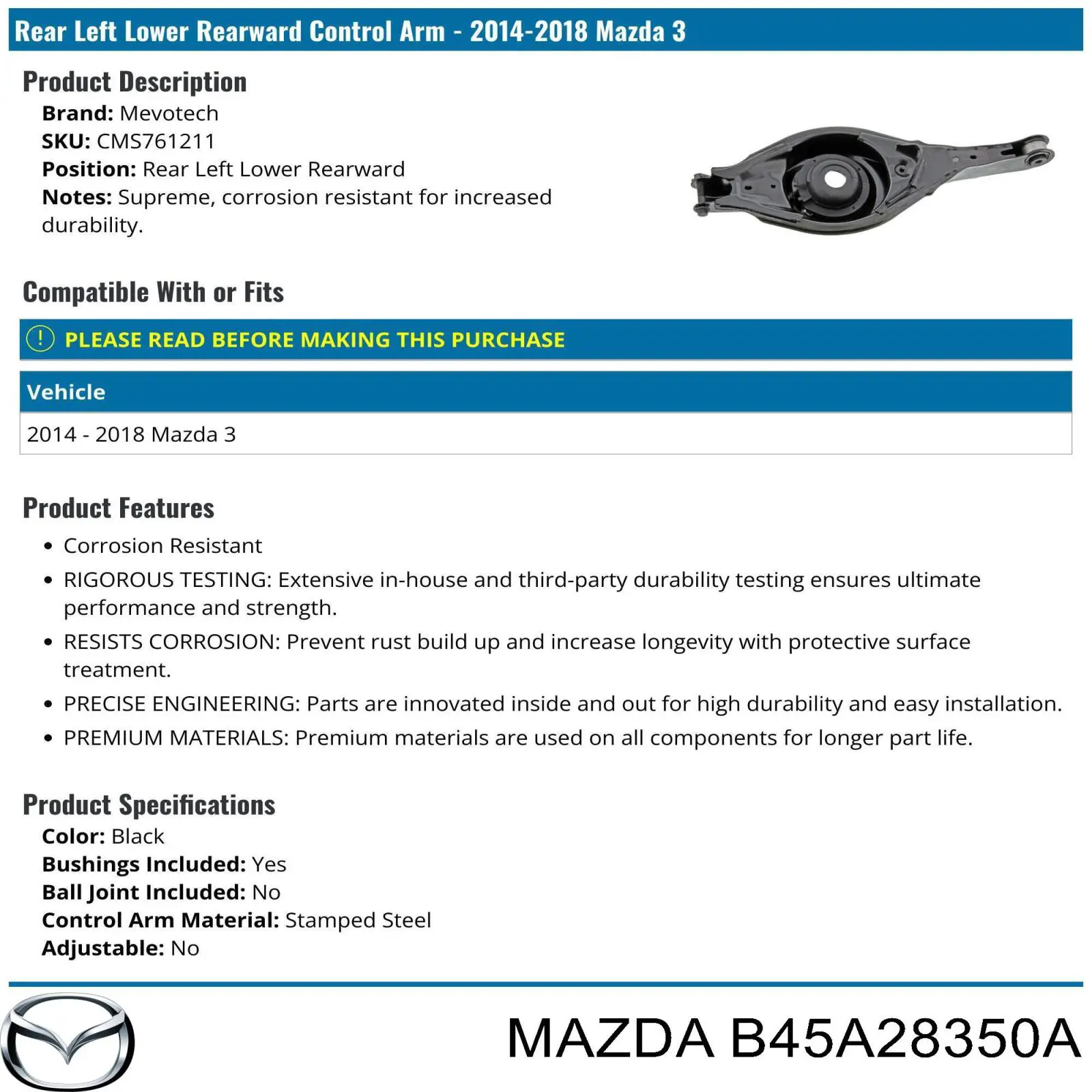 Brazo suspension (control) trasero inferior izquierdo B45A28350A Mazda