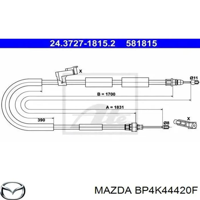 Cable de freno de mano trasero izquierdo BP4K44420F Mazda