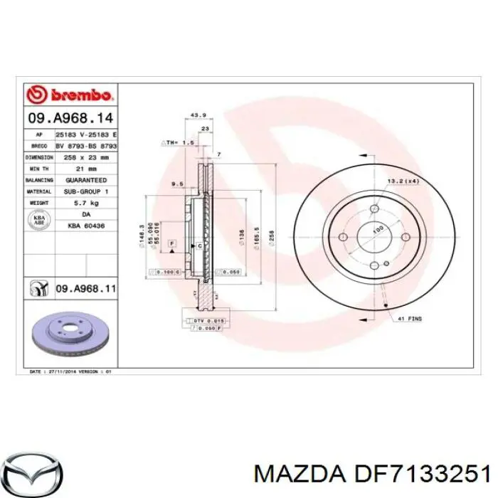 Передний тормозной диск Mazda DF7133251