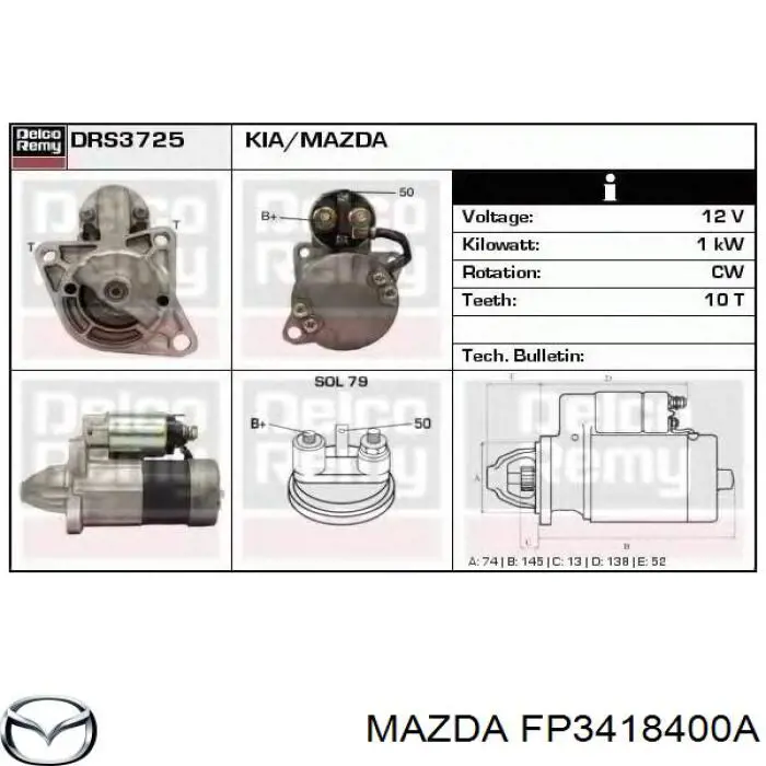 Стартер Mazda FP3418400A цена, от 86.65 USD