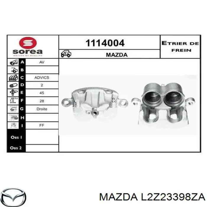 L2Z23398ZA Mazda суппорт тормозной передний правый