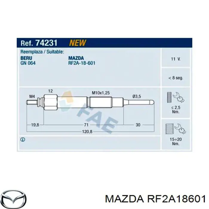 Свечи накала RF2A18601 Mazda