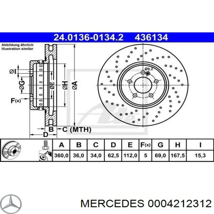 0004212312 Mercedes disco do freio dianteiro