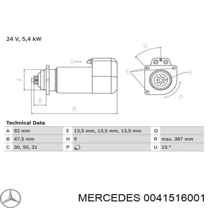 Стартер 0041516001 Mercedes