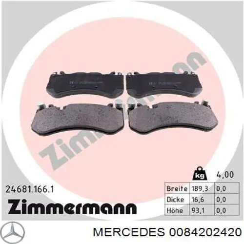 Купить A0084202420 Mercedes Колодки тормозные