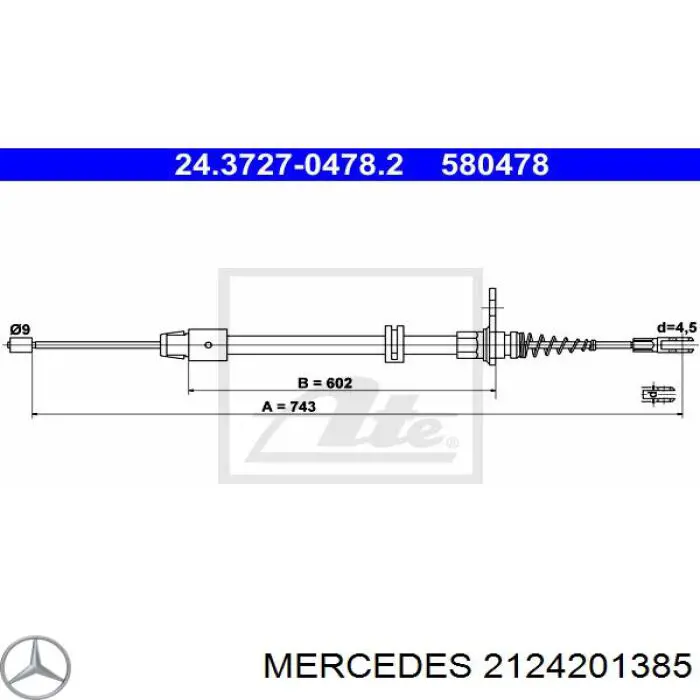 2124201385 Mercedes трос ручного тормоза задний правый/левый