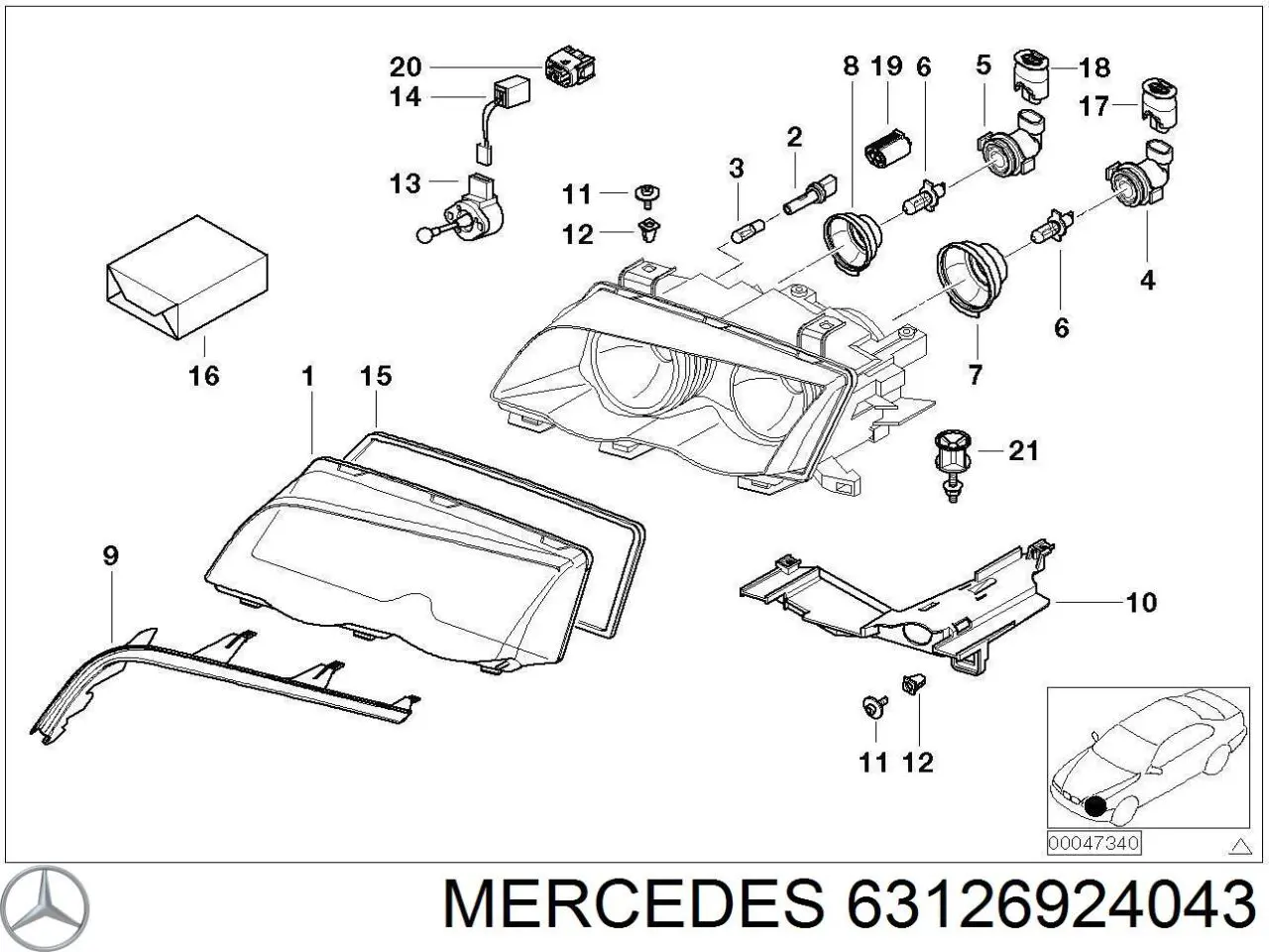 Стекло фары левой 63126924043 Mercedes