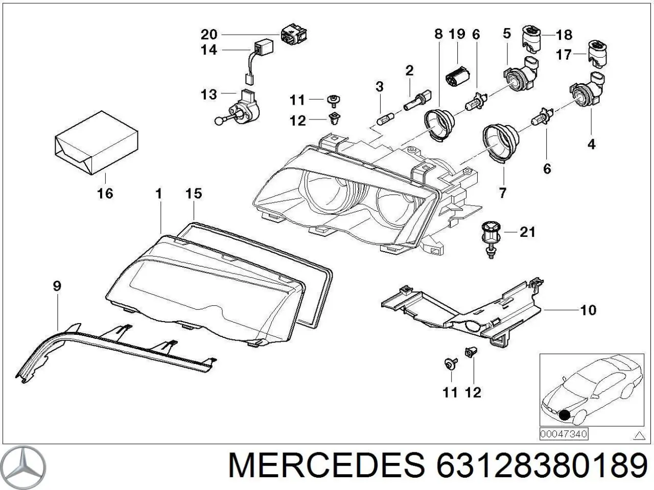 Стекло фары левой 63128380189 Mercedes