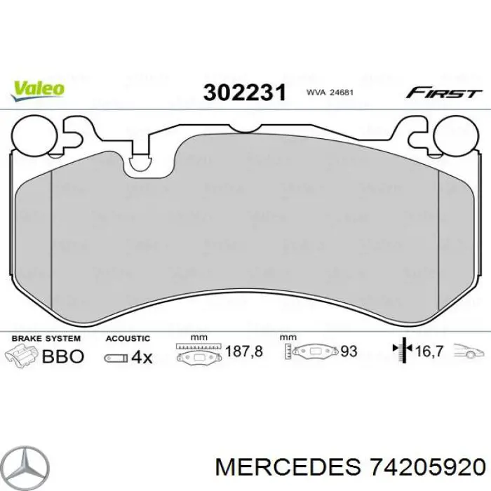 Передние тормозные колодки 74205920 Mercedes