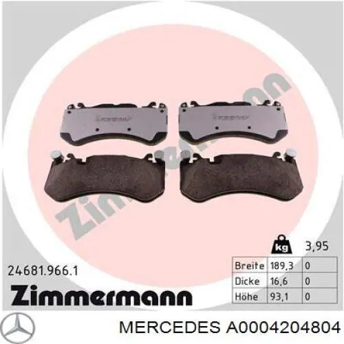 Колодки гальмівні передні, дискові A0004204804 Mercedes