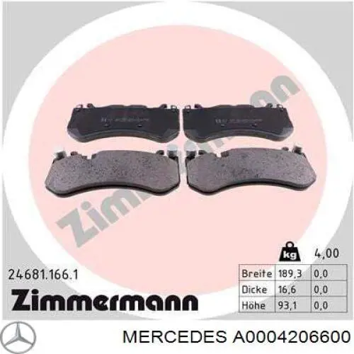 Передние тормозные колодки A0004206600 Mercedes