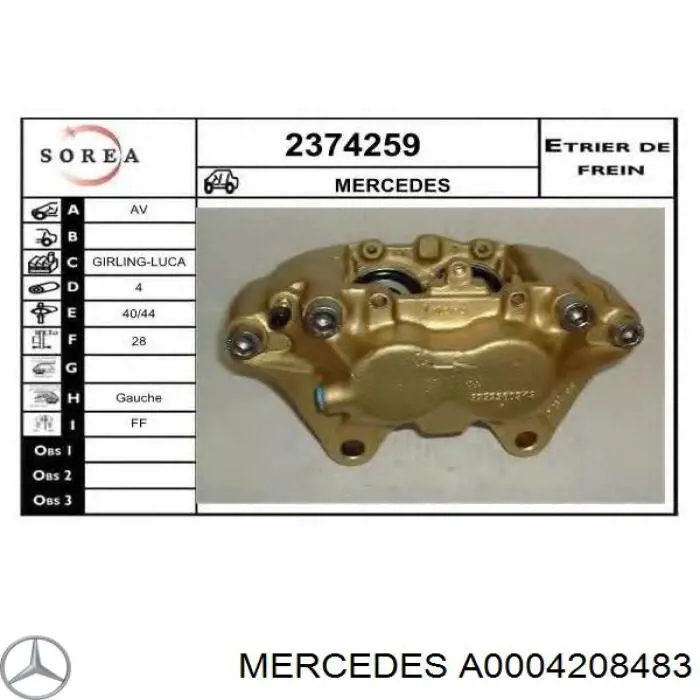 Супорт тормзной Mercedes A0004208483 цена, от 91.08 USD