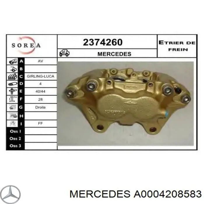 Тормозной суппорт Mercedes A0004208583 цена, от 87.13 USD