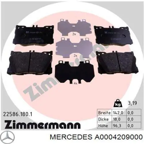 Передние тормозные колодки A0004209000 Mercedes