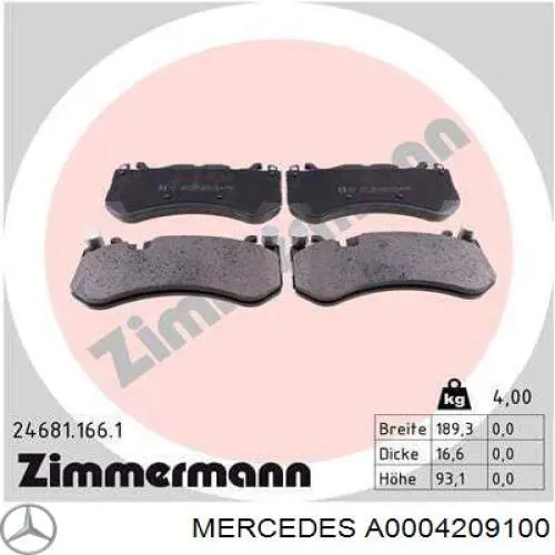 Колодки гальмівні передні, дискові A0004209100 Mercedes