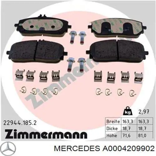 Передние тормозные колодки A0004209902 Mercedes