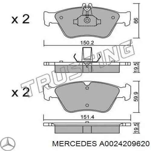 Колодки гальмівні передні, дискові A0024209620 Mercedes