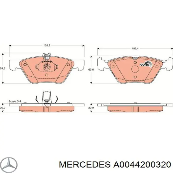 Передние тормозные колодки A0044200320 Mercedes
