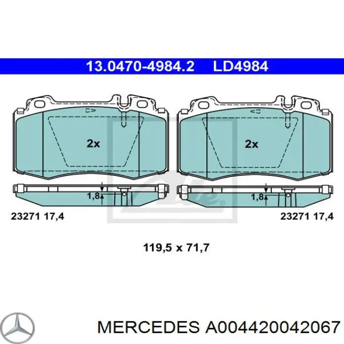 Передние тормозные колодки A004420042067 Mercedes