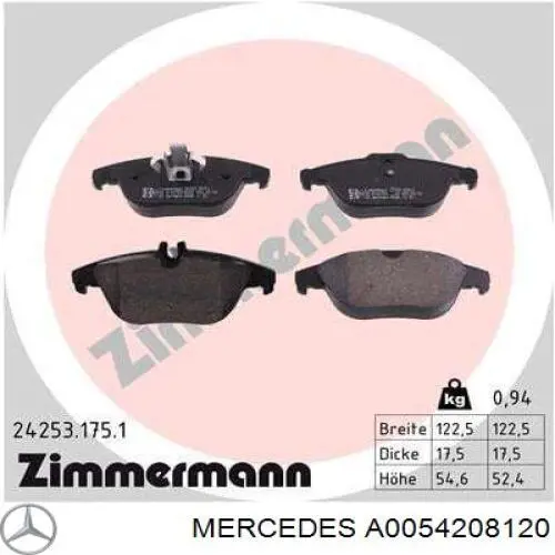 Задние дисковые колодки Mercedes A0054208120