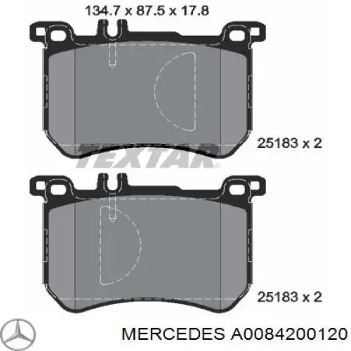 Колодки тормозные передние дисковые Mercedes A0084200120