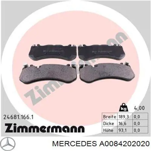 Купить A0084202020 Mercedes Колодки тормозные