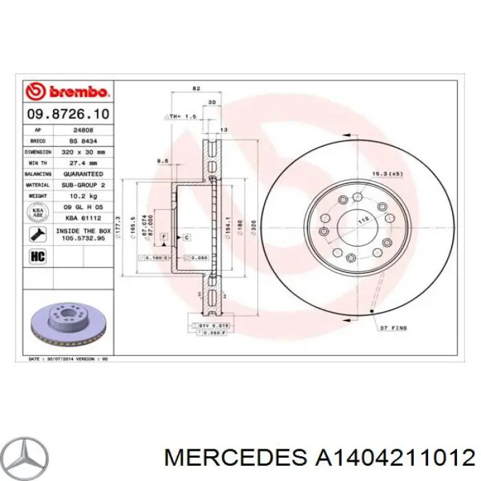 A1404211012 Mercedes диск тормозной передний