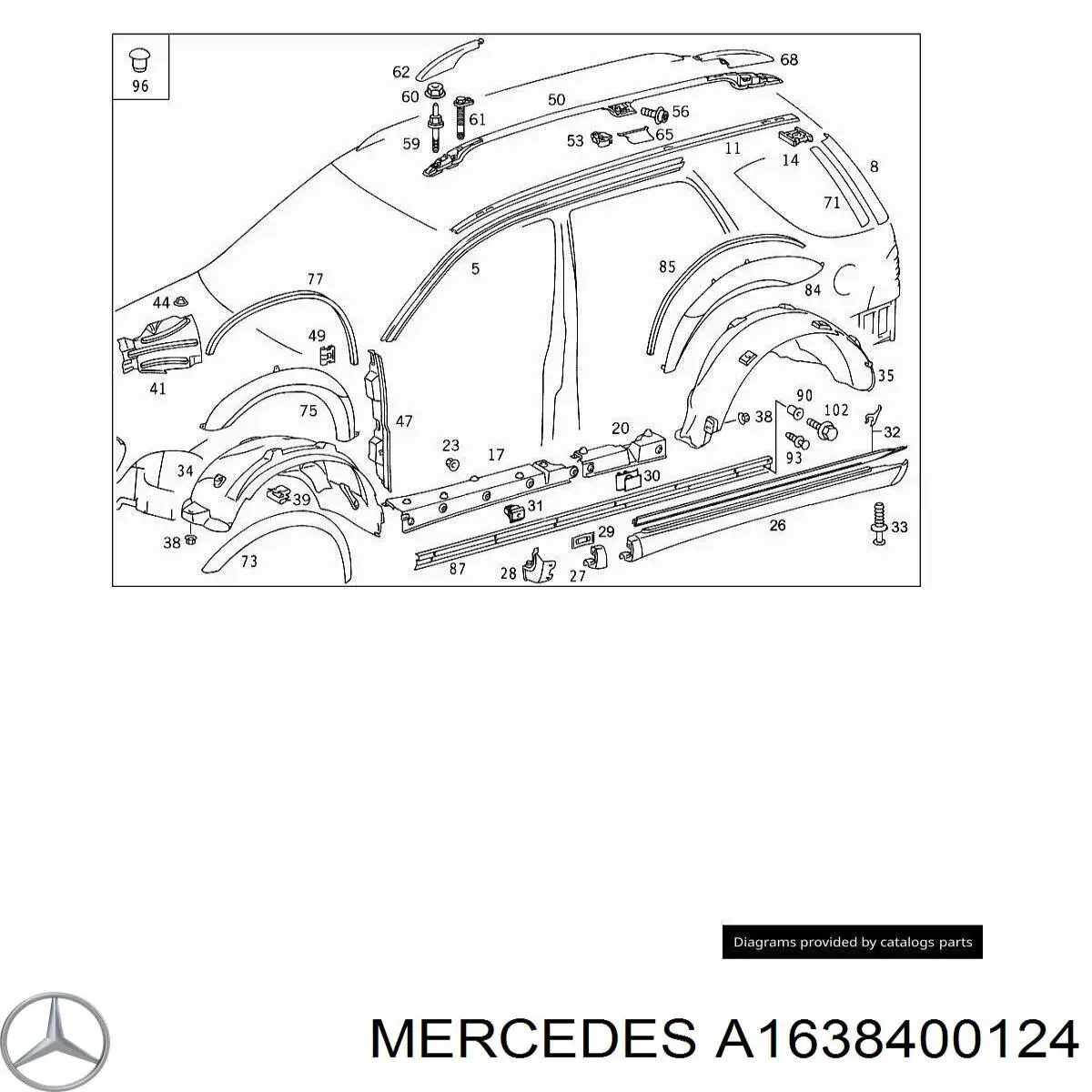 Рейлинг крыши левый на Mercedes ML/GLE (W163)