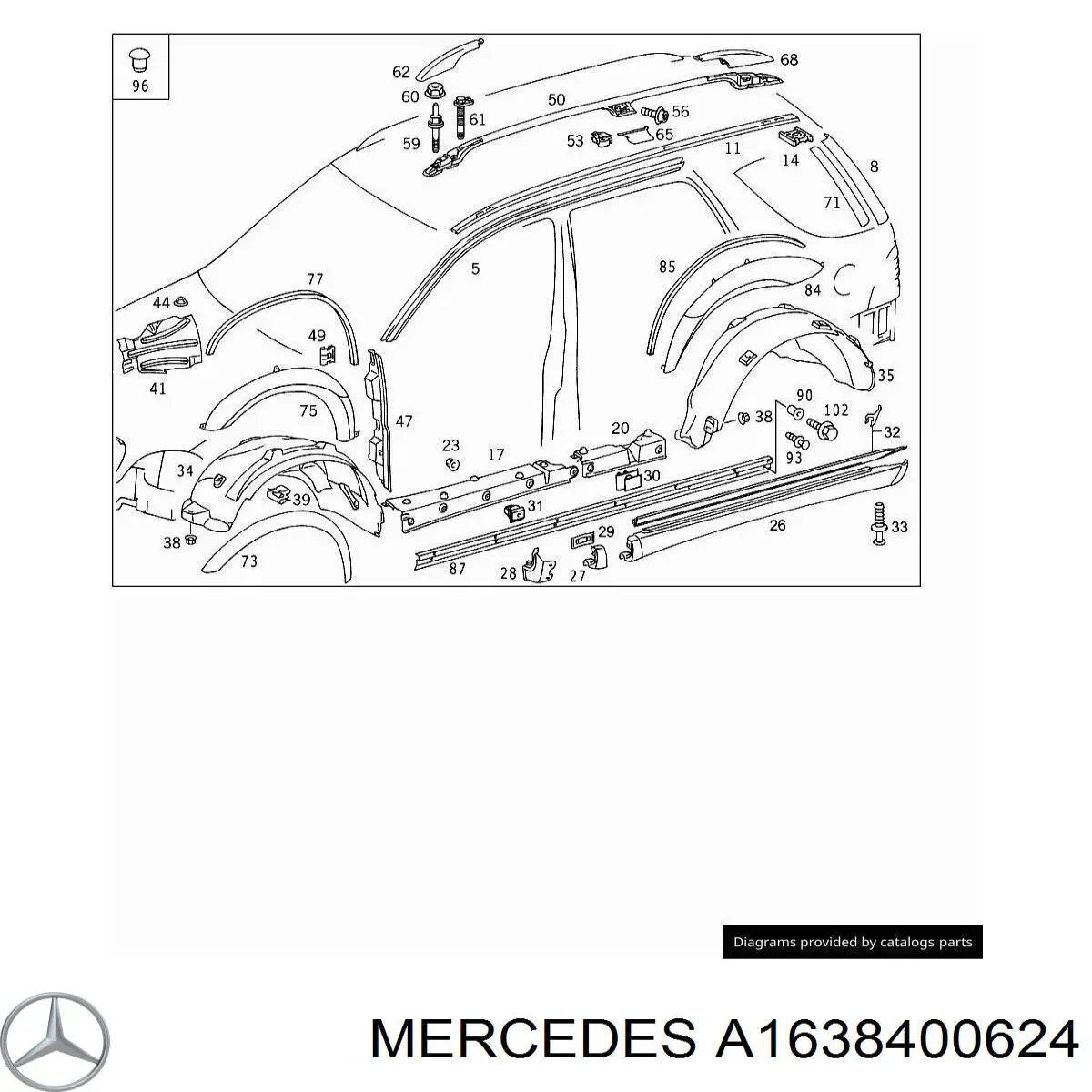 Автомобильный рейлинг на крышу правый на Mercedes ML/GLE (W163)